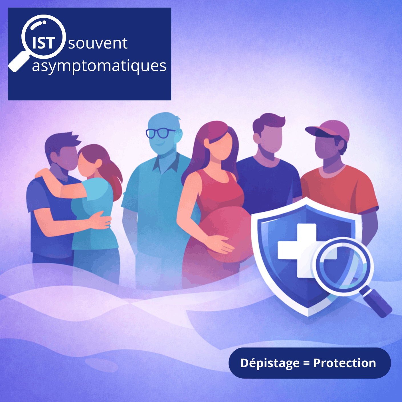 Illustration du dépistage des IST montrant différents profils de personnes. Les IST sont souvent asymptomatiques, d'où l'importance d'un dépistage régulier pour protéger sa santé et celle de ses partenaires.