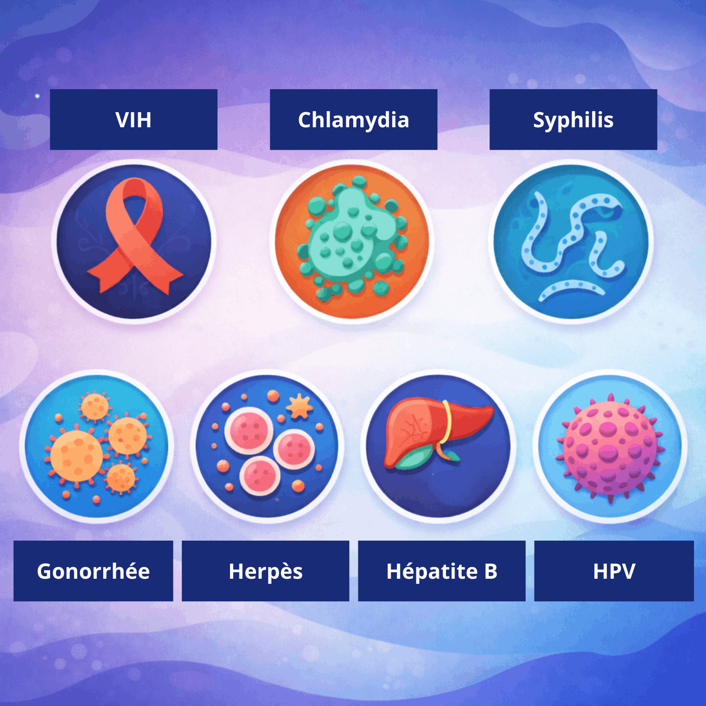 Principales infections sexuellement transmissibles pouvant faire l'objet d'un dépistage : VIH, chlamydia, syphilis, gonorrhée, herpès, hépatite B et HPV.