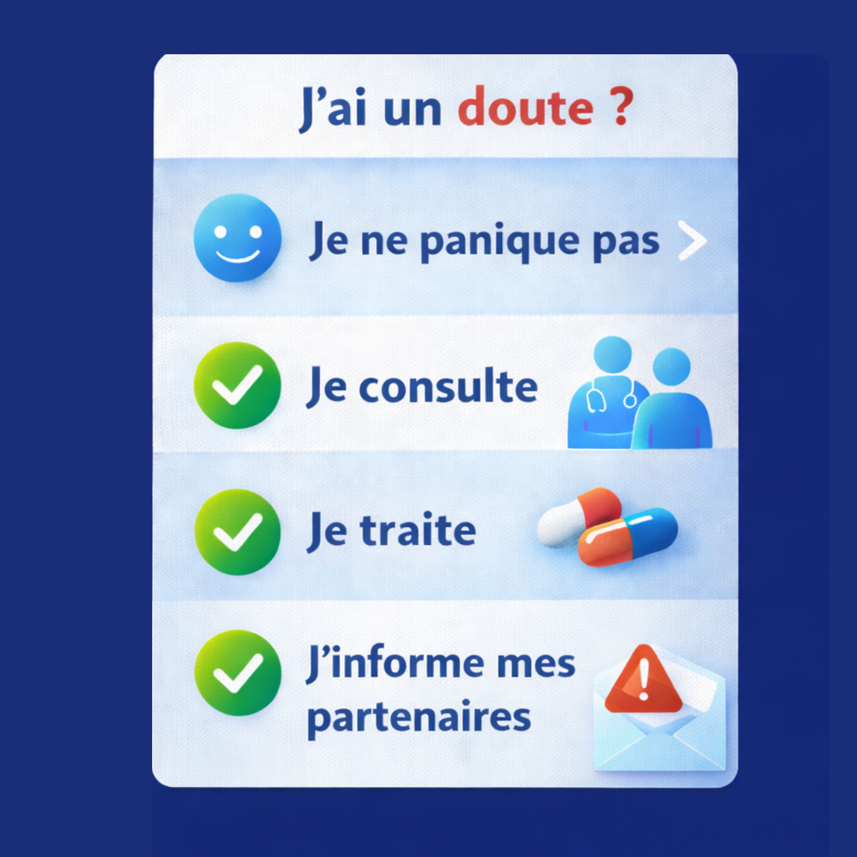 Que faire en cas de doute d’IST : ne pas paniquer, consulter, traiter et prévenir ses partenaires
