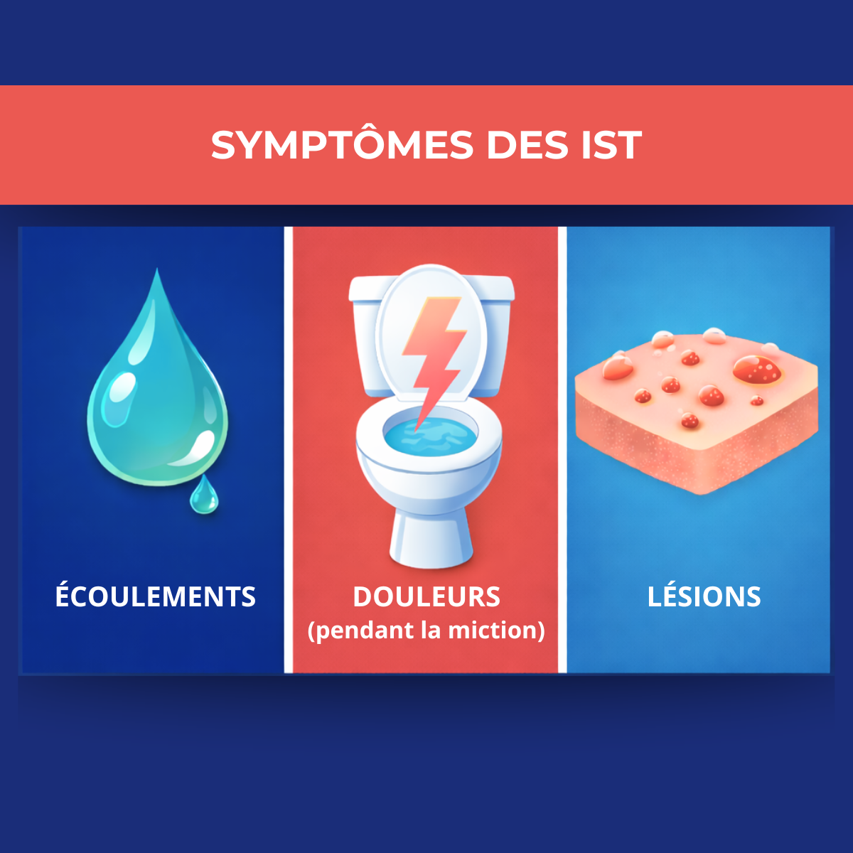 Principaux symptômes des IST : écoulements, douleurs lors de la miction et lésions cutanées