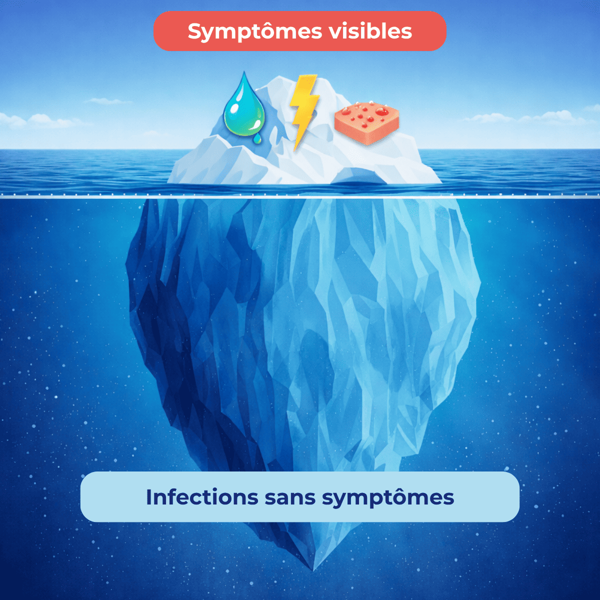 Symptômes visibles des IST et infections souvent asymptomatiques illustrées par un iceberg